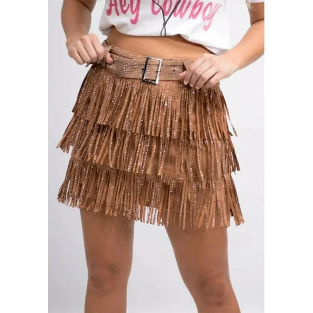 *PLUS ONLY* Spotlight Stealer Rhinestone Fringe Mini Skort Camel - Picture 8 of 10